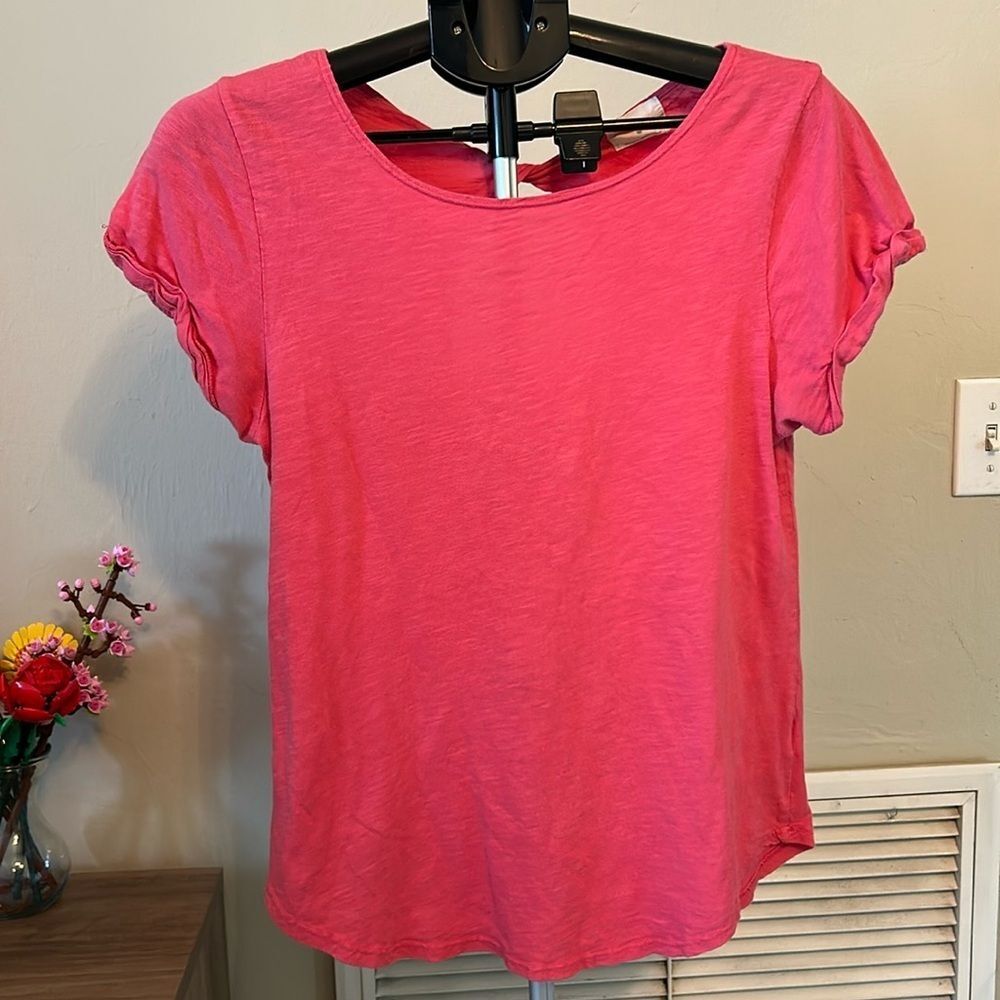 Anthropologie T. La Pink Cotton Back Cutout Twisted Back Rolled Sleeve Top